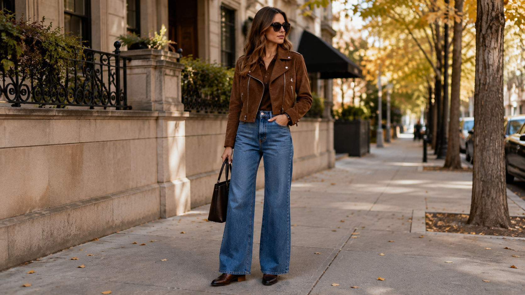 Cropped Suede Moto Jacket with High-Waisted Wide-Leg Denim Fall Outfit